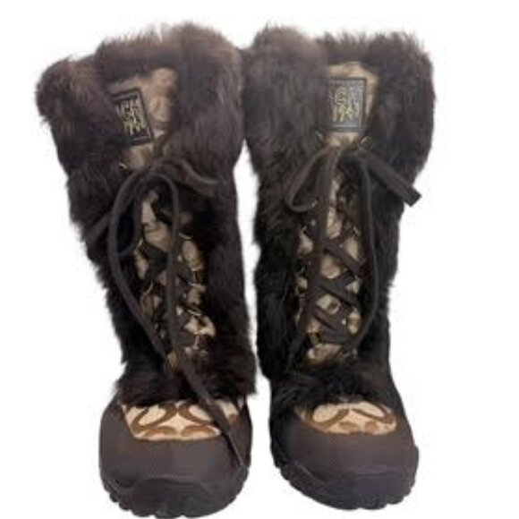 Coach Signature Y2K Faux Fur Snow Boots Brown 9.5 - Picture 1 of 12